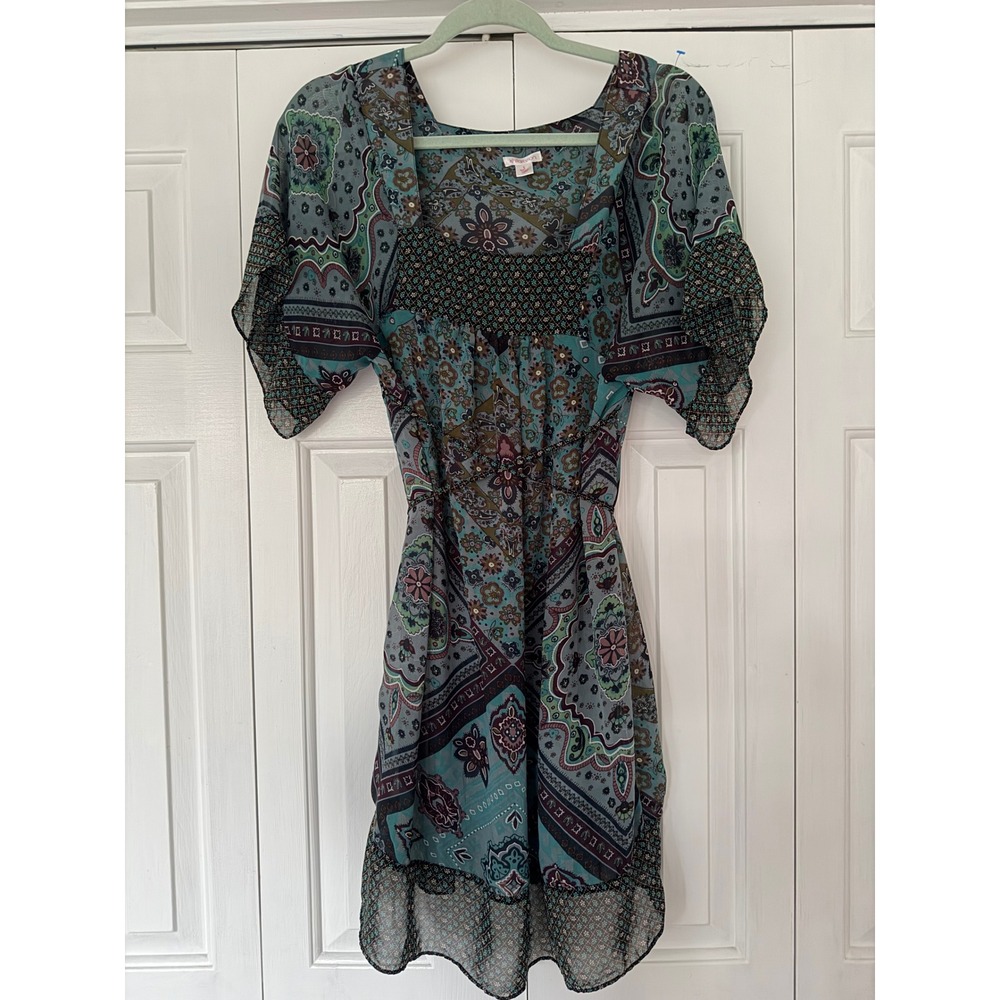 Xhilaration Teal Paisley Sheer Mini Dress Square Neck Smocked Boho Shell Small